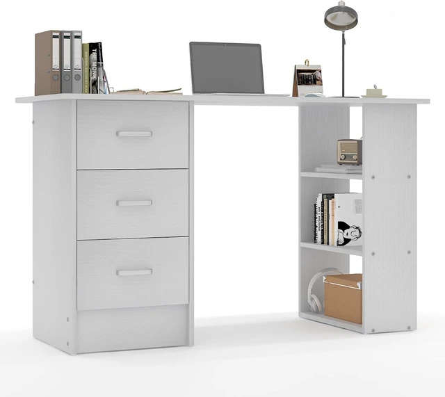 Alt view image 4 of 6 - 47 Inch White Computer Desk with 3 Drawers and Storage Shelves, Writing Desk for Bedroom, Home Office Desk, Study Table for Small Spaces (White)