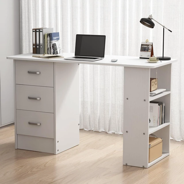 Alt view image 5 of 6 - 47 Inch White Computer Desk with 3 Drawers and Storage Shelves, Writing Desk for Bedroom, Home Office Desk, Study Table for Small Spaces (White)