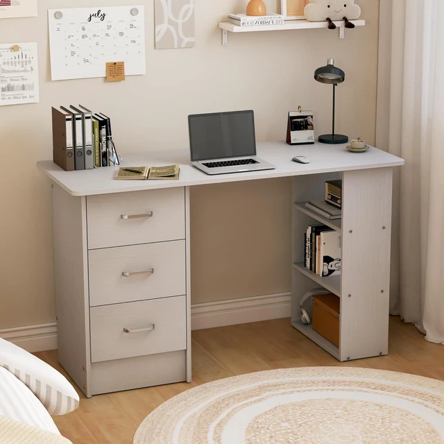 Main image of 47 Inch White Computer Desk with 3 Drawers and Storage Shelves, Writing Desk for Bedroom, Home Office Desk, Study Table for Small Spaces (White)