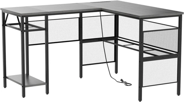 Alt view image 5 of 7 - Unikito L Shaped Computer Desk with USB Charging Port and Power Outlet, Reversible L-Shaped Corner Desk with Storage Shelves, Industrial 2 Person Long Gaming Table Modern Home Office Desk, Black Oak