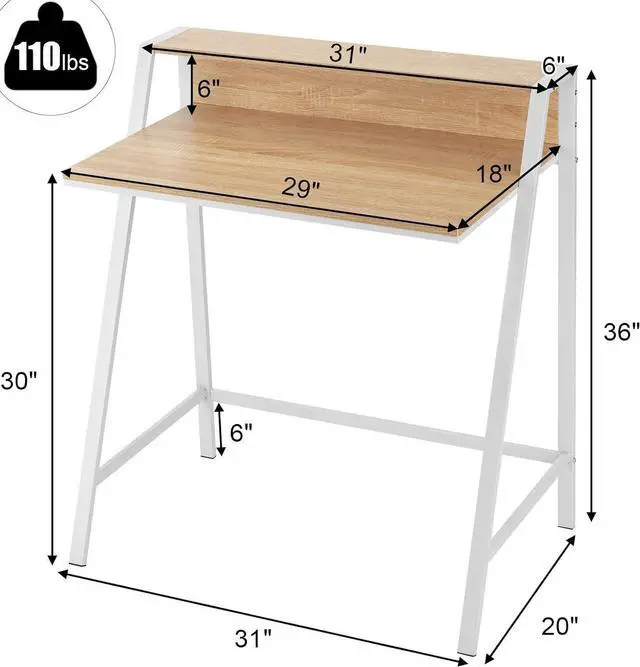 Alt view image 3 of 7 - Tangkula Small Computer Desk, Compact Home Office Desk with Sturdy Frame, 2 Tier Study Writing Table for Small Place Apartment Office, Desk for Bedroom, Kids Desk