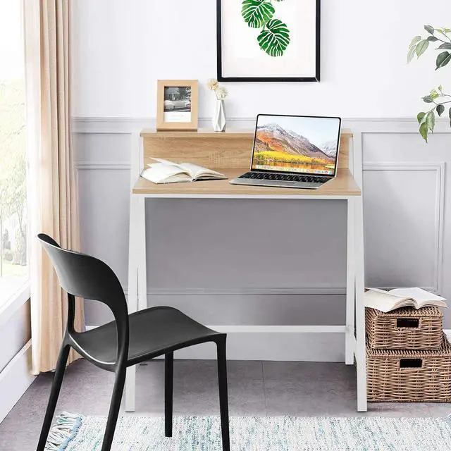 Alt view image 4 of 7 - Tangkula Small Computer Desk, Compact Home Office Desk with Sturdy Frame, 2 Tier Study Writing Table for Small Place Apartment Office, Desk for Bedroom, Kids Desk