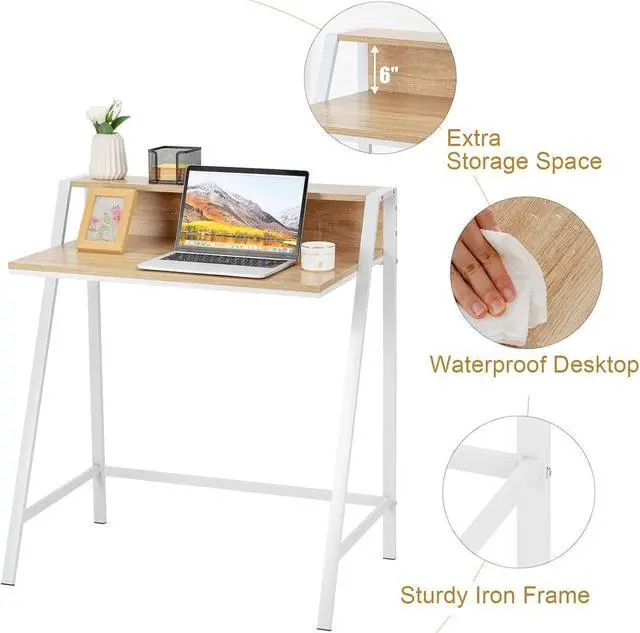 Alt view image 6 of 7 - Tangkula Small Computer Desk, Compact Home Office Desk with Sturdy Frame, 2 Tier Study Writing Table for Small Place Apartment Office, Desk for Bedroom, Kids Desk