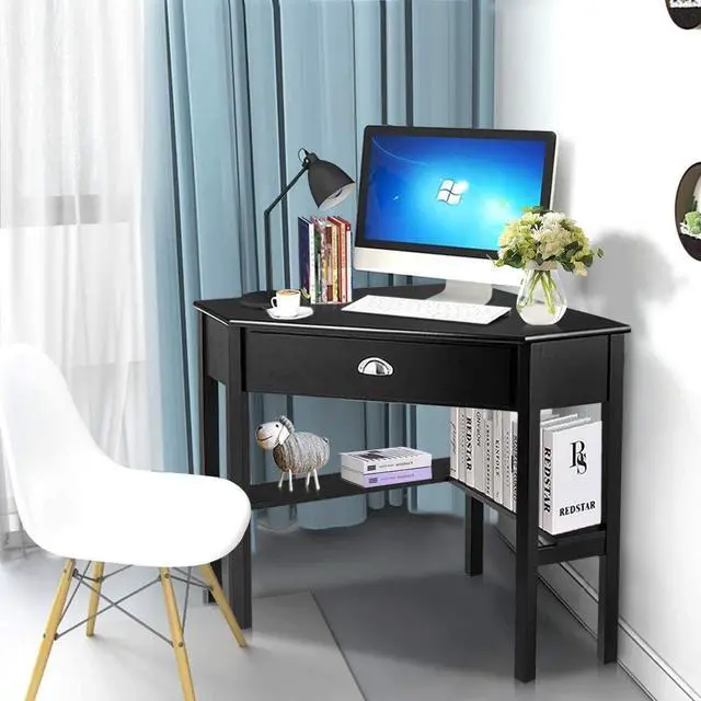 Alt view image 2 of 7 - Corner Desk for Small Space, Wood Corner Computer Desk, Compact Writing Table w/Drawer & Storage Shelves, Space Saving Study Workstation, Laptop PC Corner Table for Home Office