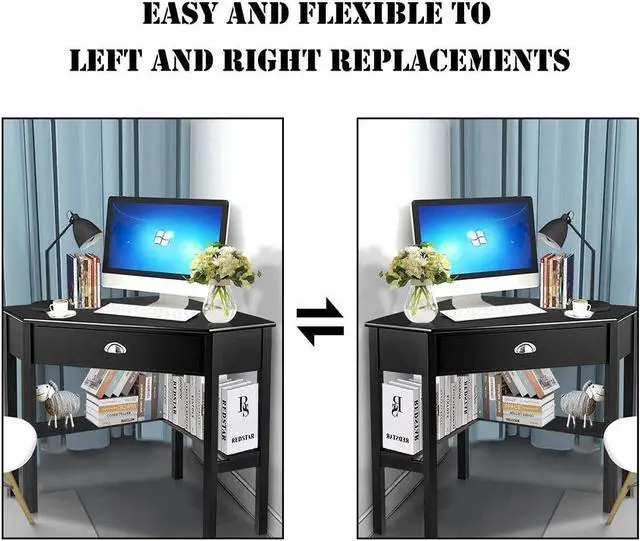 Alt view image 4 of 7 - Corner Desk for Small Space, Wood Corner Computer Desk, Compact Writing Table w/Drawer & Storage Shelves, Space Saving Study Workstation, Laptop PC Corner Table for Home Office