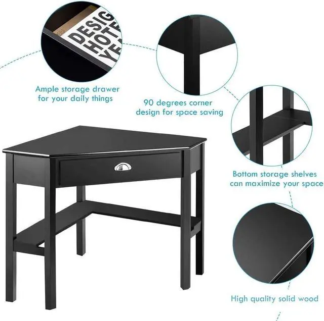 Alt view image 5 of 7 - Corner Desk for Small Space, Wood Corner Computer Desk, Compact Writing Table w/Drawer & Storage Shelves, Space Saving Study Workstation, Laptop PC Corner Table for Home Office
