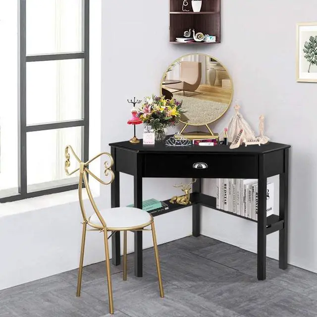 Alt view image 6 of 7 - Corner Desk for Small Space, Wood Corner Computer Desk, Compact Writing Table w/Drawer & Storage Shelves, Space Saving Study Workstation, Laptop PC Corner Table for Home Office