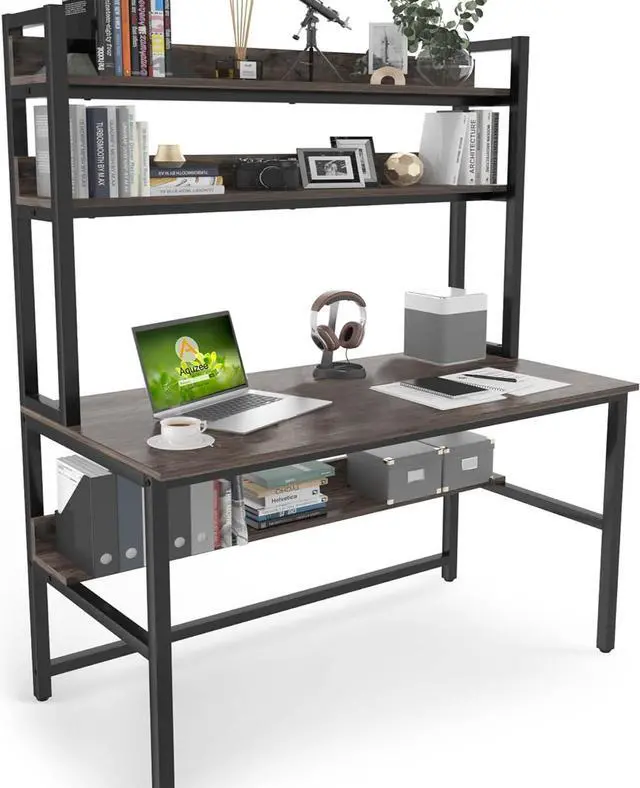 Main image of Aquzee Desk with Hutch Bookshelves, Computer Desk with 3 Tiers Storage Shelves, Space Saving Design Black Metal Legs Desk with Grey Board, Easy Assemble