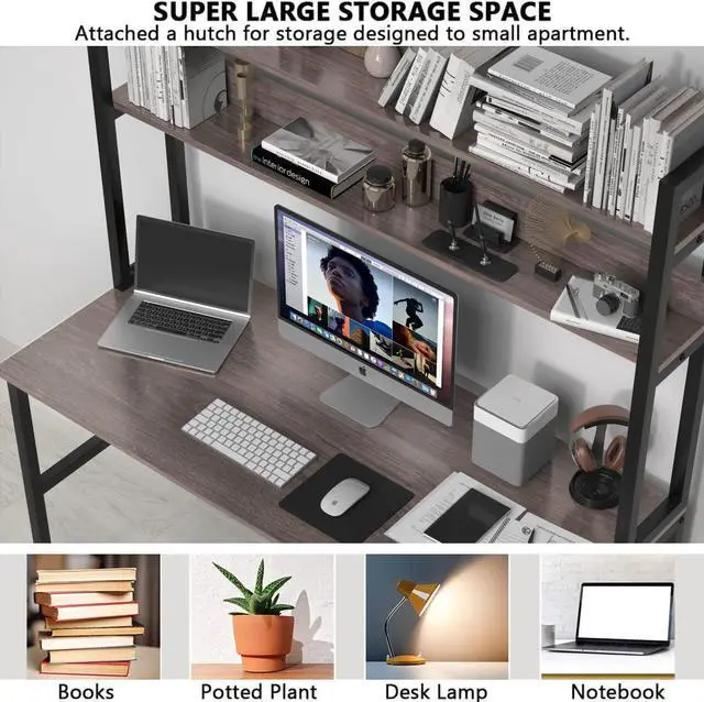 Alt view image 7 of 7 - Aquzee Desk with Hutch Bookshelves, Computer Desk with 3 Tiers Storage Shelves, Space Saving Design Black Metal Legs Desk with Grey Board, Easy Assemble
