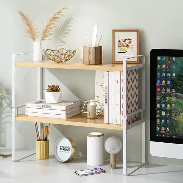 Alt view image 3 of 6 - YGYQZ Wood Office Desk Shelf Organizer - Desktop Supplies Cute Dresser Top Organization Storage Rack and Cubicle Decor Aesthetic Bookshelf for Women Man and Kids (White-Two Tier)