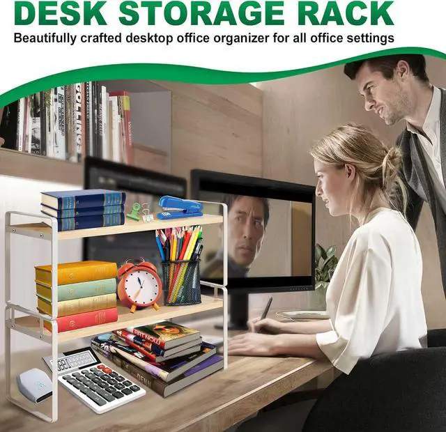Alt view image 4 of 6 - YGYQZ Wood Office Desk Shelf Organizer - Desktop Supplies Cute Dresser Top Organization Storage Rack and Cubicle Decor Aesthetic Bookshelf for Women Man and Kids (White-Two Tier)