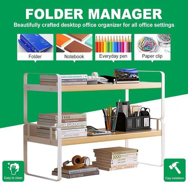 Alt view image 5 of 6 - YGYQZ Wood Office Desk Shelf Organizer - Desktop Supplies Cute Dresser Top Organization Storage Rack and Cubicle Decor Aesthetic Bookshelf for Women Man and Kids (White-Two Tier)