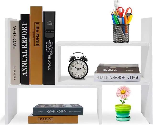 Alt view image 7 of 7 - Wood Adjustable Desktop Storage Organizer Display Shelf Rack, Office Supplies Desk Organizer,White