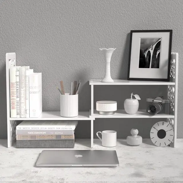 Alt view image 4 of 7 - MASAKA B&W Desktop Organizers with Shelves for Office Desk, Adjustable WPC Display Shelf for Pen, Desktop Corner Organizer and Storage, Desk top Hutch for Dorm, Home Decor, Makeup Shelf, White