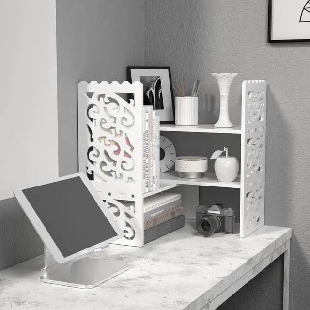 Alt view image 5 of 7 - MASAKA B&W Desktop Organizers with Shelves for Office Desk, Adjustable WPC Display Shelf for Pen, Desktop Corner Organizer and Storage, Desk top Hutch for Dorm, Home Decor, Makeup Shelf, White