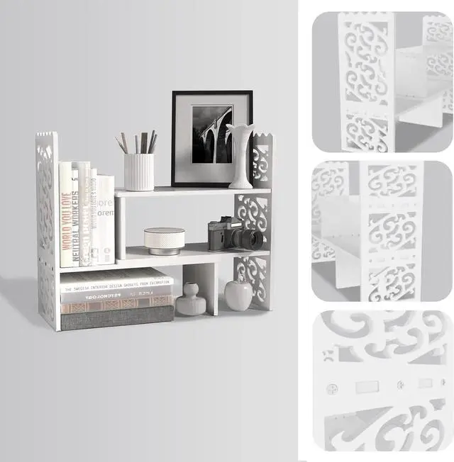 Alt view image 6 of 7 - MASAKA B&W Desktop Organizers with Shelves for Office Desk, Adjustable WPC Display Shelf for Pen, Desktop Corner Organizer and Storage, Desk top Hutch for Dorm, Home Decor, Makeup Shelf, White