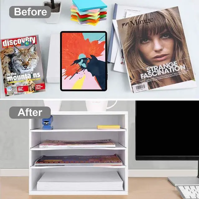 Alt view image 3 of 6 - Desk Paper Organzier Wood Paper Organizer Storage Office Paper Shelves Letter Tray File Sorter with Adjustable Shelves for Home Office