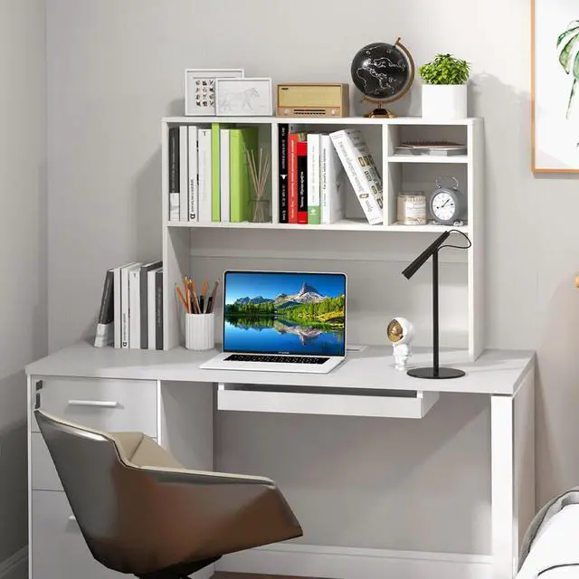 Alt view image 4 of 7 - Tangkula Desktop Bookshelf, Countertop Storage Hutch with 4 Shelves for Computer Desk, Desktop 2-Tier Display Rack, Multipurpose Wood Desktop Hutch Storage Organizer for Dorm Office Home (White)