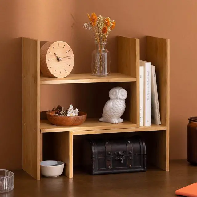 Alt view image 2 of 7 - Navaris Desk Organizer Shelf Unit - Bamboo Desktop Shelves for Table or Countertop - Free-Standing Adjustable Shelving Rack for Tidy Kitchen or Office
