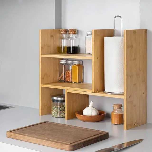 Alt view image 4 of 7 - Navaris Desk Organizer Shelf Unit - Bamboo Desktop Shelves for Table or Countertop - Free-Standing Adjustable Shelving Rack for Tidy Kitchen or Office