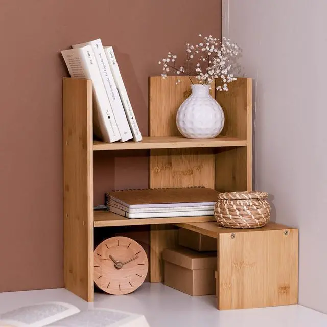 Alt view image 5 of 7 - Navaris Desk Organizer Shelf Unit - Bamboo Desktop Shelves for Table or Countertop - Free-Standing Adjustable Shelving Rack for Tidy Kitchen or Office
