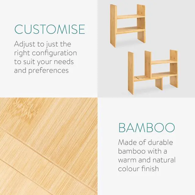 Alt view image 6 of 7 - Navaris Desk Organizer Shelf Unit - Bamboo Desktop Shelves for Table or Countertop - Free-Standing Adjustable Shelving Rack for Tidy Kitchen or Office