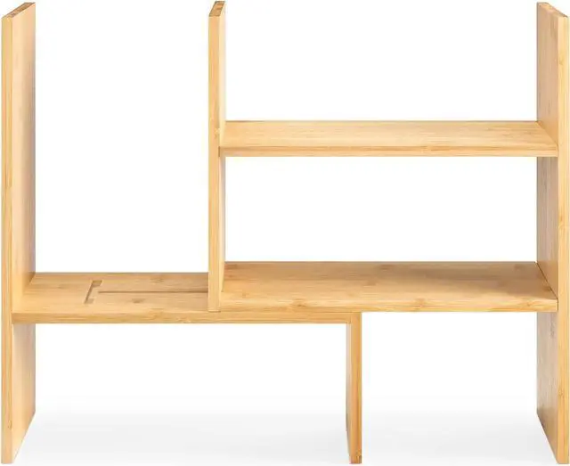 Alt view image 7 of 7 - Navaris Desk Organizer Shelf Unit - Bamboo Desktop Shelves for Table or Countertop - Free-Standing Adjustable Shelving Rack for Tidy Kitchen or Office