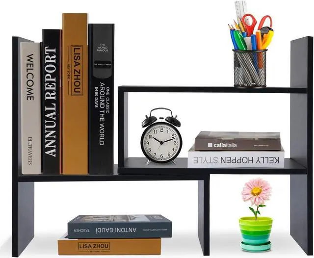 Main image of Wood Adjustable Desktop Storage Organizer Display Shelf Rack, Office Supplies Desk Organizer,Black