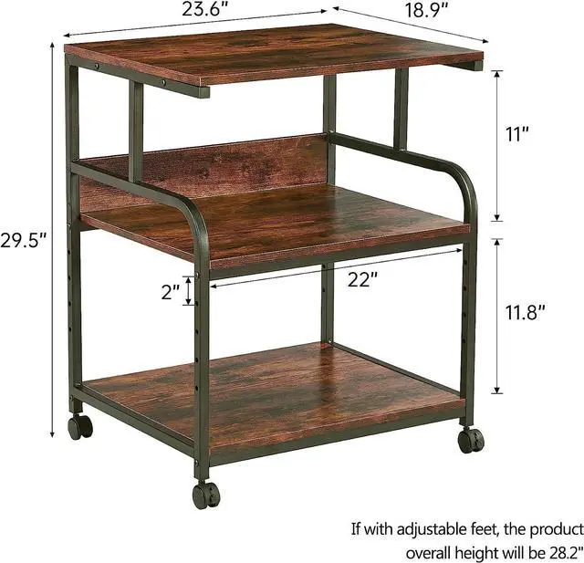 Alt view image 2 of 7 - Large Printer Stand with Adjustable Storage Shelf, 3 Tier Printer Cart with Wheels for Home Office Organization, Rolling Table Stand for Heat Press Mini Fridge, Industrial Style