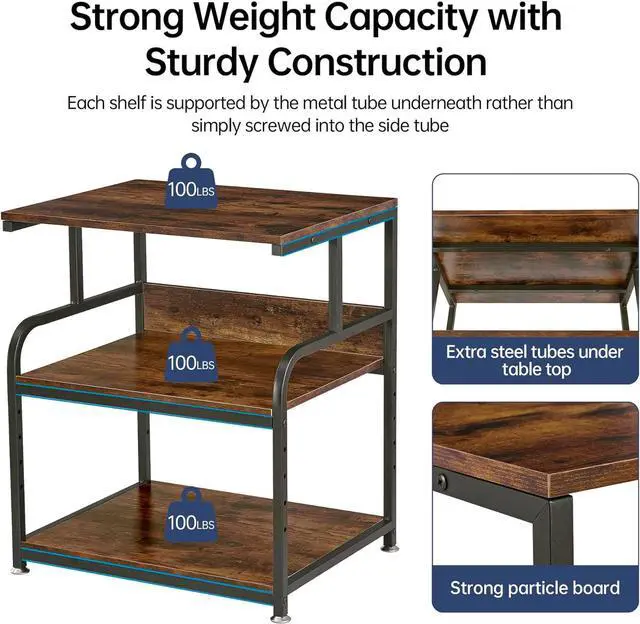 Alt view image 3 of 7 - Large Printer Stand with Adjustable Storage Shelf, 3 Tier Printer Cart with Wheels for Home Office Organization, Rolling Table Stand for Heat Press Mini Fridge, Industrial Style