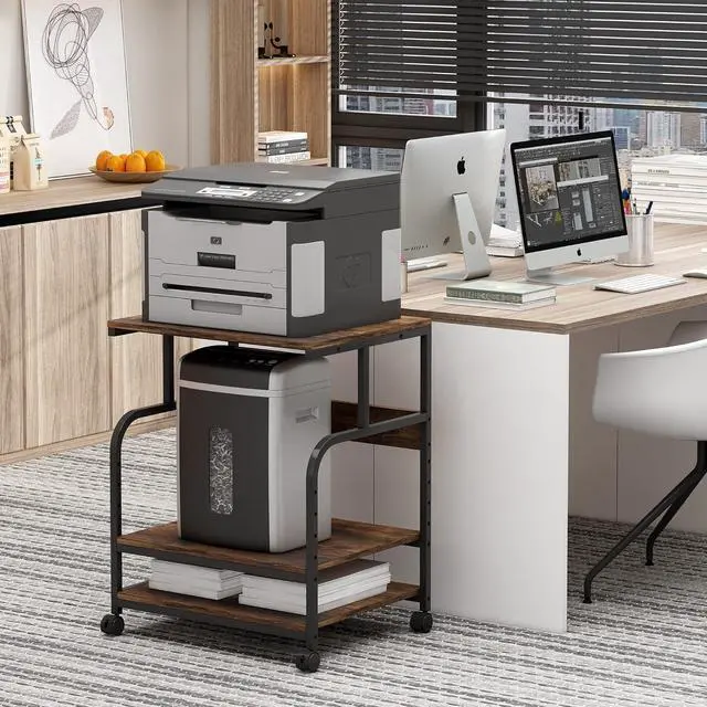 Alt view image 6 of 7 - Large Printer Stand with Adjustable Storage Shelf, 3 Tier Printer Cart with Wheels for Home Office Organization, Rolling Table Stand for Heat Press Mini Fridge, Industrial Style