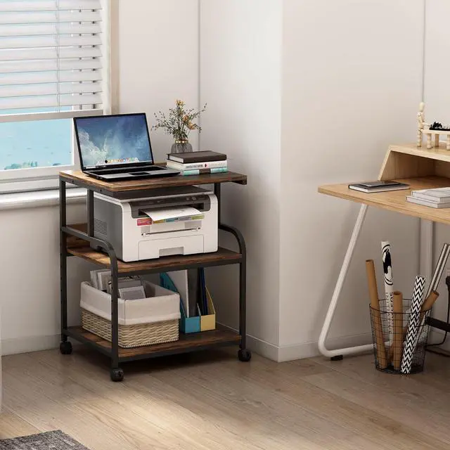 Alt view image 7 of 7 - Large Printer Stand with Adjustable Storage Shelf, 3 Tier Printer Cart with Wheels for Home Office Organization, Rolling Table Stand for Heat Press Mini Fridge, Industrial Style