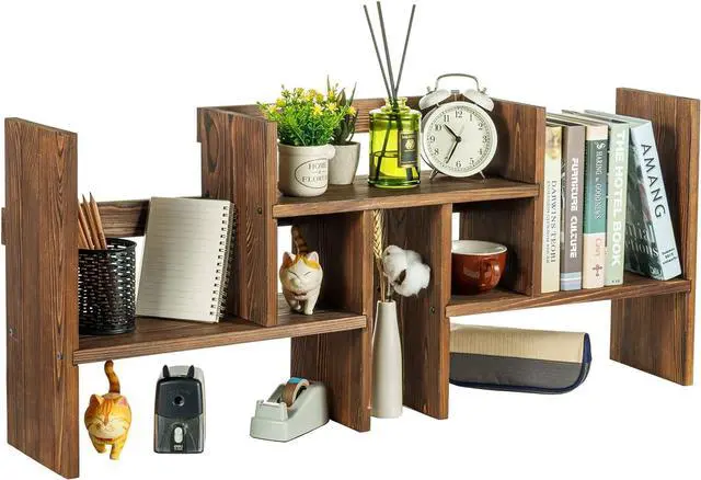 Main image of MyGift Adjustable Desktop Shelf, Deluxe Rustic Burnt Solid Wood Stackable Multilevel Bookshelf Organizer Stand, Home or Office Desk Storage Shelving Rack