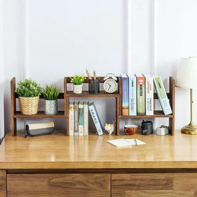 Alt view image 5 of 7 - MyGift Adjustable Desktop Shelf, Deluxe Rustic Burnt Solid Wood Stackable Multilevel Bookshelf Organizer Stand, Home or Office Desk Storage Shelving Rack
