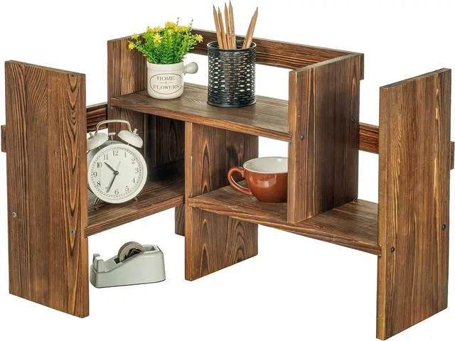 Alt view image 2 of 7 - MyGift Adjustable Desktop Shelf, Deluxe Rustic Burnt Solid Wood Stackable Multilevel Bookshelf Organizer Stand, Home or Office Desk Storage Shelving Rack