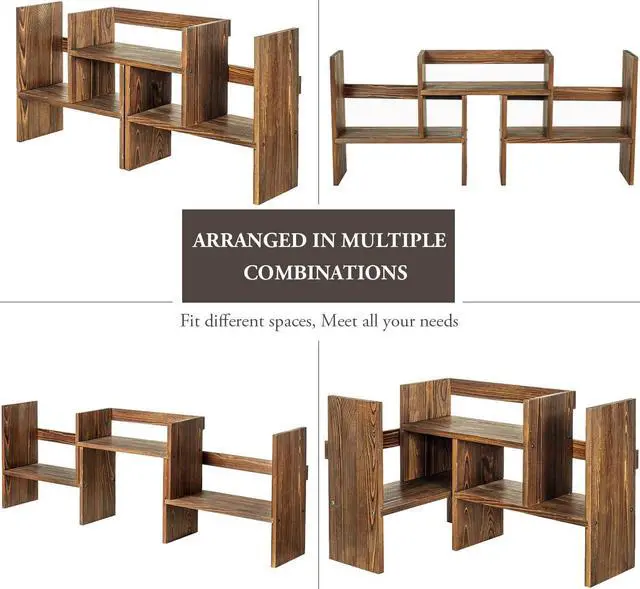 Alt view image 4 of 7 - MyGift Adjustable Desktop Shelf, Deluxe Rustic Burnt Solid Wood Stackable Multilevel Bookshelf Organizer Stand, Home or Office Desk Storage Shelving Rack