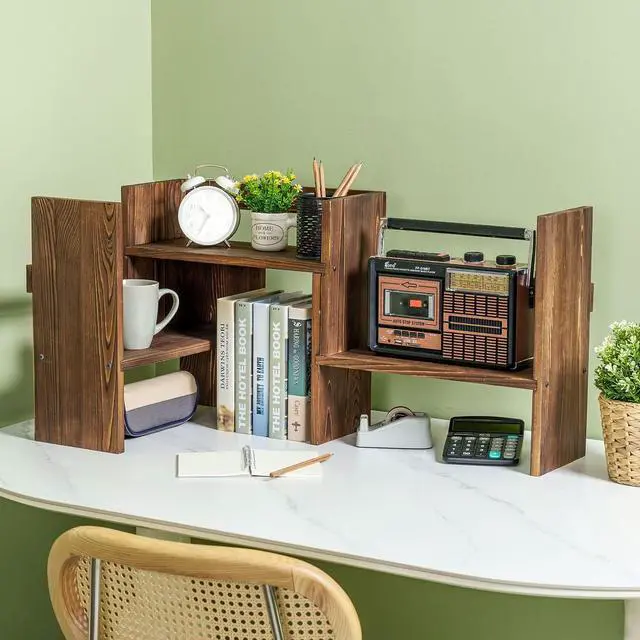 Alt view image 6 of 7 - MyGift Adjustable Desktop Shelf, Deluxe Rustic Burnt Solid Wood Stackable Multilevel Bookshelf Organizer Stand, Home or Office Desk Storage Shelving Rack