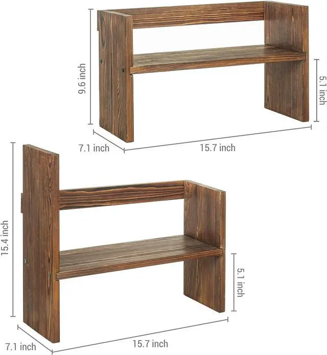 Alt view image 7 of 7 - MyGift Adjustable Desktop Shelf, Deluxe Rustic Burnt Solid Wood Stackable Multilevel Bookshelf Organizer Stand, Home or Office Desk Storage Shelving Rack