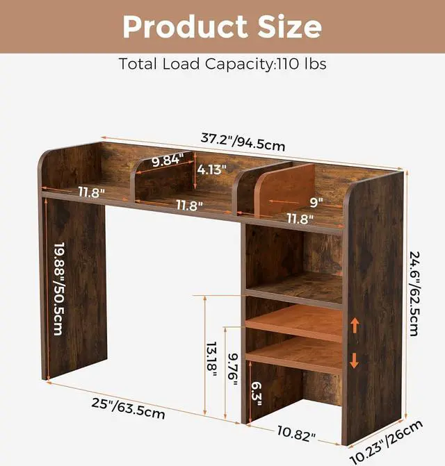 Alt view image 2 of 7 - Desktop Bookshelf, Countertop Storage Hutch with 5 Shelves for Computer Desk, Desk Organizer for Home Office Dorm, Dressing Tabletop, Bar Countertop, Rustic Brown