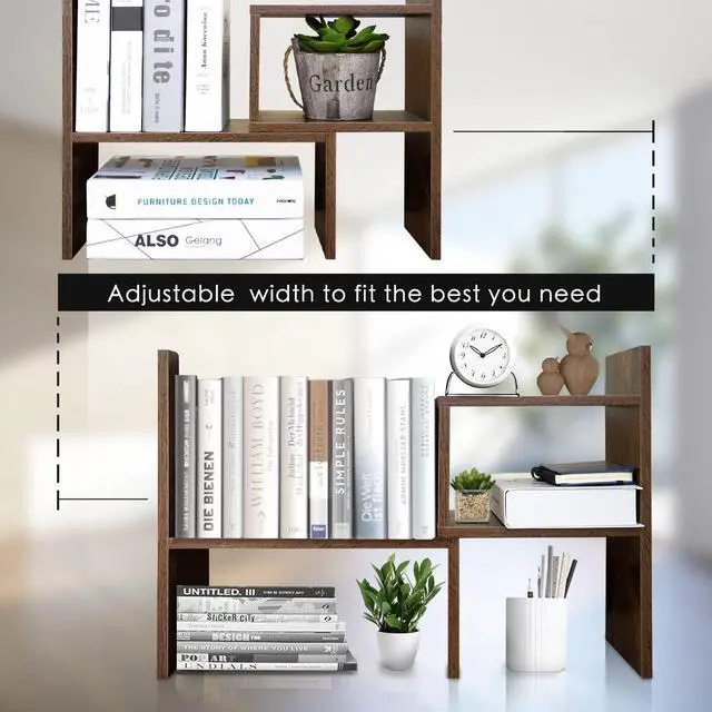 Alt view image 3 of 7 - Desk Shelf Organizer Adjustable Wood Desktop Bookshelf Organizer Home Office Desktop Shelves Organizer Display Shelf Rack Mini Bookcase, Freestyle Rotation Display Desktop Organizer