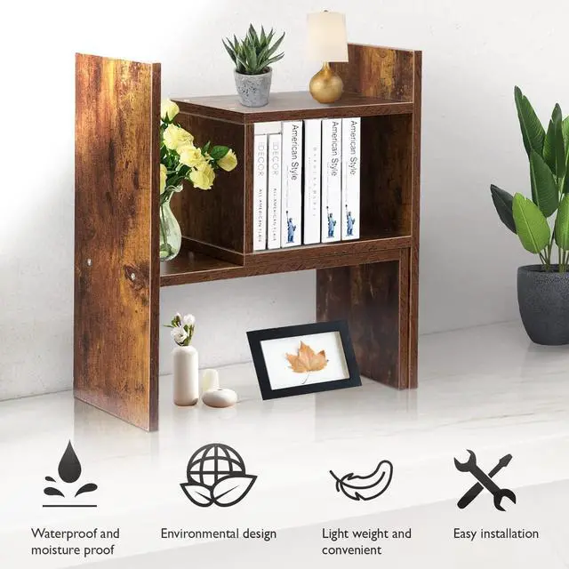 Alt view image 4 of 7 - Desk Shelf Organizer Adjustable Wood Desktop Bookshelf Organizer Home Office Desktop Shelves Organizer Display Shelf Rack Mini Bookcase, Freestyle Rotation Display Desktop Organizer