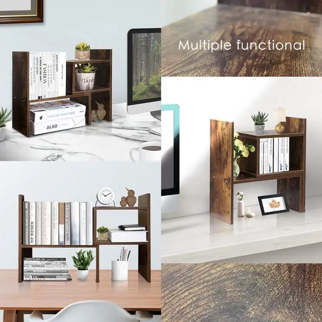 Alt view image 6 of 7 - Desk Shelf Organizer Adjustable Wood Desktop Bookshelf Organizer Home Office Desktop Shelves Organizer Display Shelf Rack Mini Bookcase, Freestyle Rotation Display Desktop Organizer