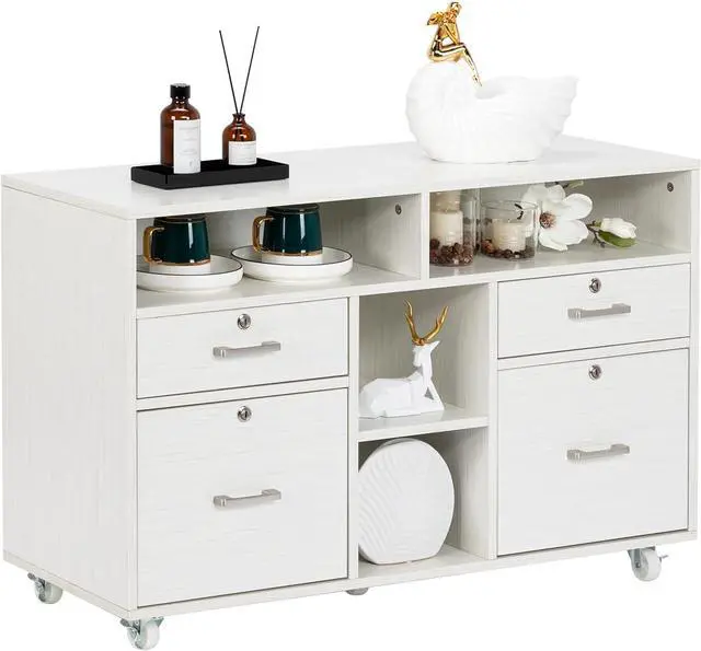 Main image of VINGLI Wood Mobile File Cabinet with 4 Drawers and Shelves, Printer Stand with Open Storage, Lockable Lateral Filing Cabinet for Home Office, Assembly Required, Light Beige Close to White