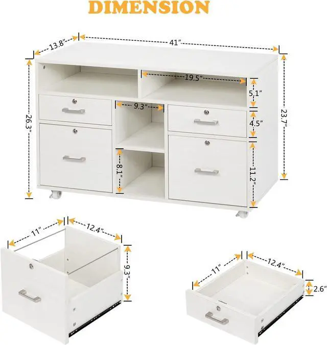 Alt view image 3 of 7 - VINGLI Wood Mobile File Cabinet with 4 Drawers and Shelves, Printer Stand with Open Storage, Lockable Lateral Filing Cabinet for Home Office, Assembly Required, Light Beige Close to White