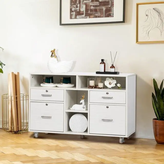Alt view image 5 of 7 - VINGLI Wood Mobile File Cabinet with 4 Drawers and Shelves, Printer Stand with Open Storage, Lockable Lateral Filing Cabinet for Home Office, Assembly Required, Light Beige Close to White