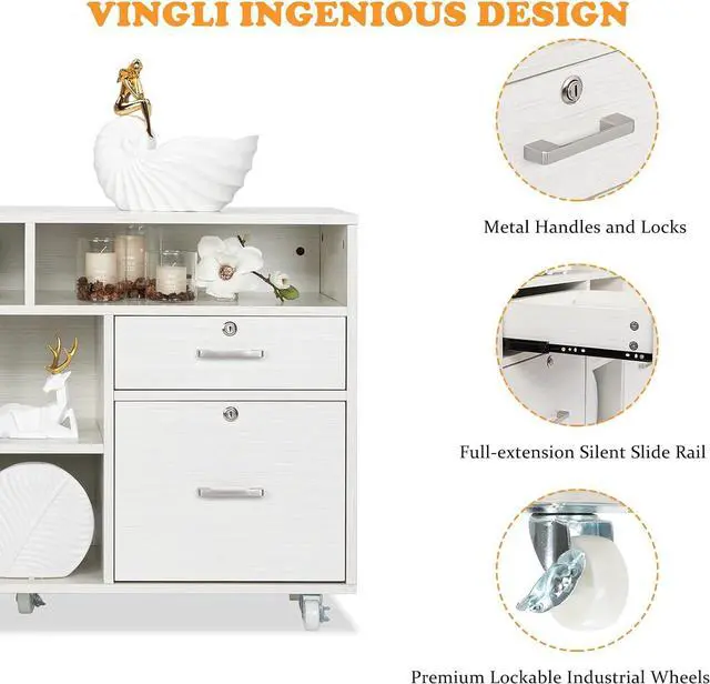 Alt view image 6 of 7 - VINGLI Wood Mobile File Cabinet with 4 Drawers and Shelves, Printer Stand with Open Storage, Lockable Lateral Filing Cabinet for Home Office, Assembly Required, Light Beige Close to White