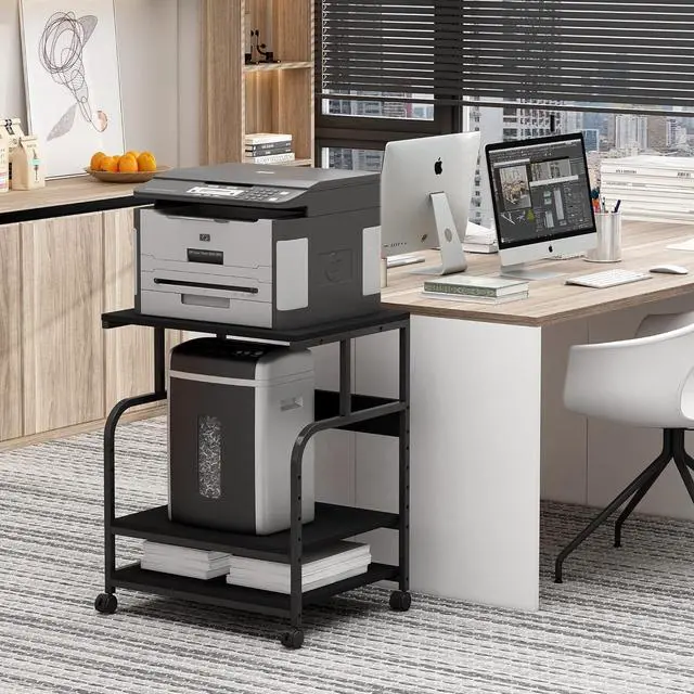 Alt view image 6 of 7 - Printer Stand, 23.6 x18.9 x 29.5 Inches Large Printer Table with Adjustable Storage Shelf, 3 Tier Rolling Printer Cart with Wheels for Home Office, Stand for Heat Press Mini Fridge, Black
