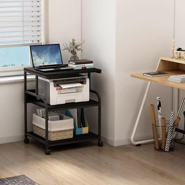 Alt view image 7 of 7 - Printer Stand, 23.6 x18.9 x 29.5 Inches Large Printer Table with Adjustable Storage Shelf, 3 Tier Rolling Printer Cart with Wheels for Home Office, Stand for Heat Press Mini Fridge, Black