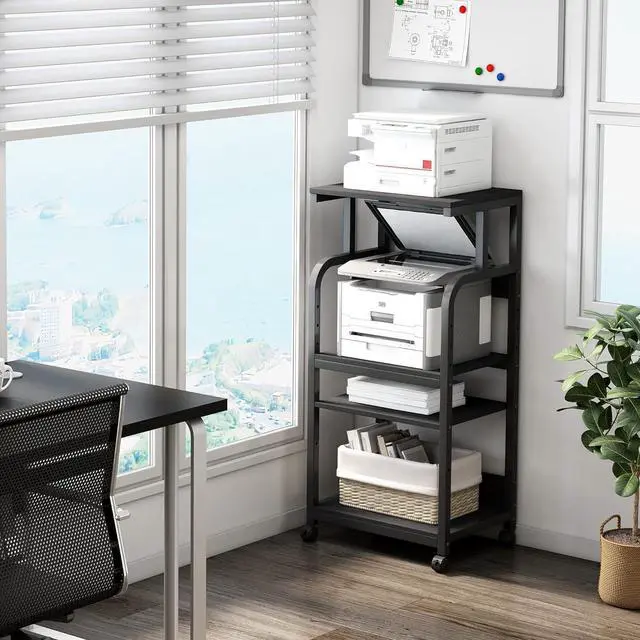Alt view image 3 of 7 - Printer Stand with Adjustable Shelf, 4 Tier Large Tall Printer Table with Wheels for Home Office Storage and Organization, Rolling Stand Cart for Computer Tower CPU Shredder, Black