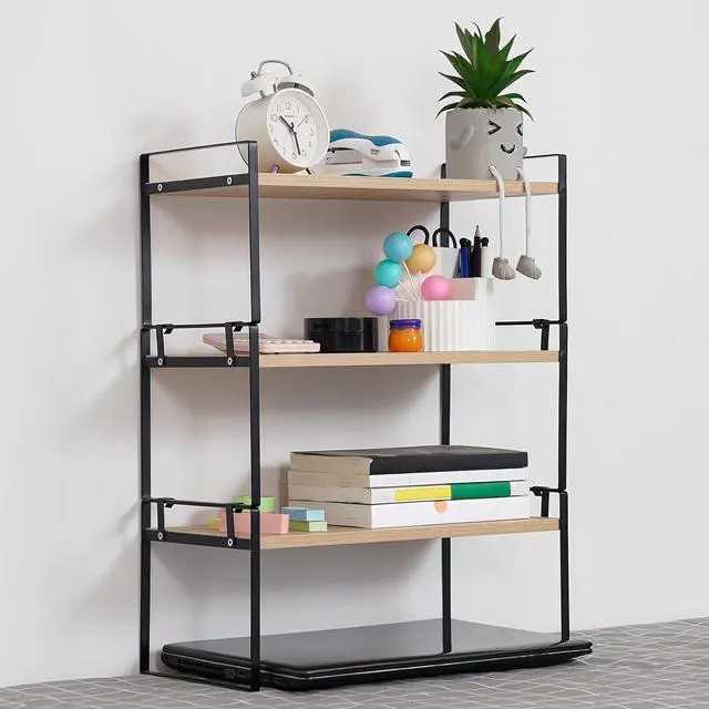 Main image of YGYQZ Wood Office Desk Shelf Organizer - Desktop Supplies Cute Dresser Top Organization Storage Rack and Cubicle Decor Aesthetic Bookshelf for Women Man and Kids (Black Wood-Three Tier)